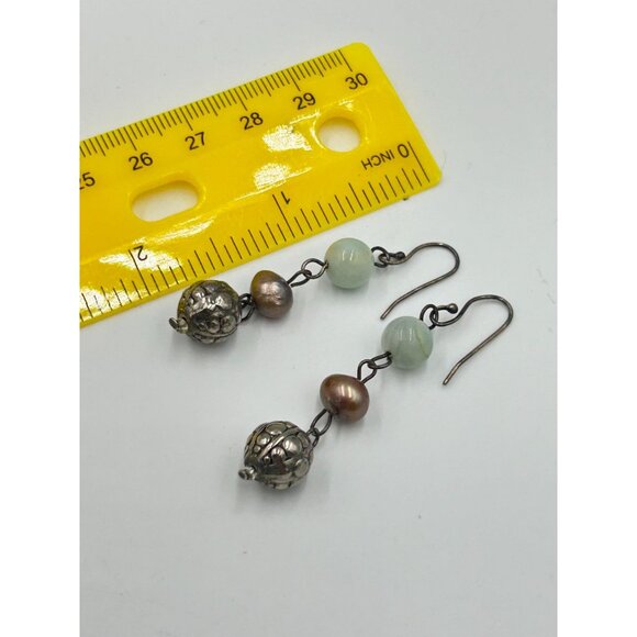 Vintage Earrings Stone Pearl & Sterling Silver Beads Dangling Beaded Earrings - Picture 5 of 5